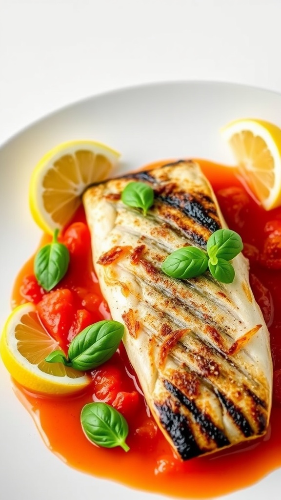 Seared sea bass on tomato coulis garnished with basil and lemon on a white plate.